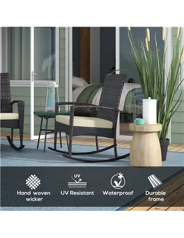 Outsunny Outdoor PE Rattan Rocking Chair Set of 2, Garden Rocking Chair Set with Armrest and Cushion, Brown