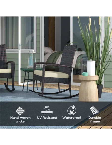 Outsunny Outdoor PE Rattan Rocking Chair Set of 2, Garden Rocking Chair Set with Armrest and Cushion, Brown