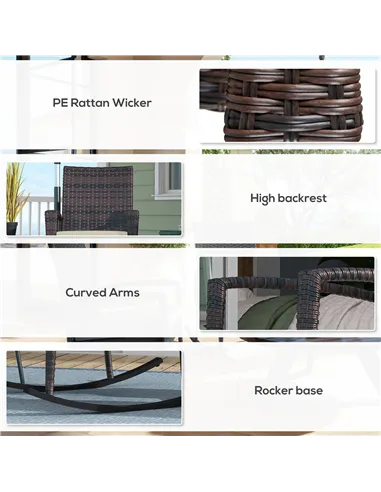 Outsunny Outdoor PE Rattan Rocking Chair Set of 2, Garden Rocking Chair Set with Armrest and Cushion, Brown