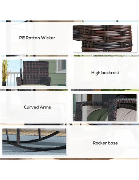 Outsunny Outdoor PE Rattan Rocking Chair Set of 2, Garden Rocking Chair Set with Armrest and Cushion, Brown