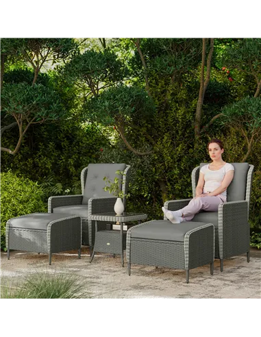 Outsunny Five-Piece Reclining Rattan Chair Set - Charcoal Grey