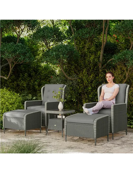 Outsunny Five-Piece Reclining Rattan Chair Set - Charcoal Grey