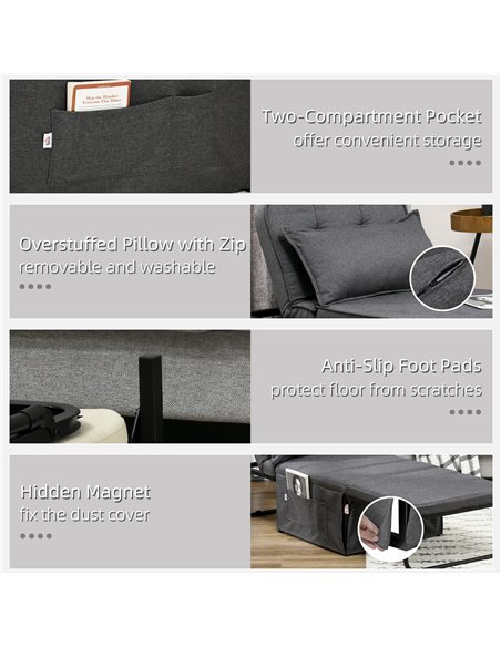 HOMCOM Fabric Sleeper Chair, Folding Chair Bed with Adjustable Backrest, Pillow, Side Pockets for Living Room, Charcoal Grey