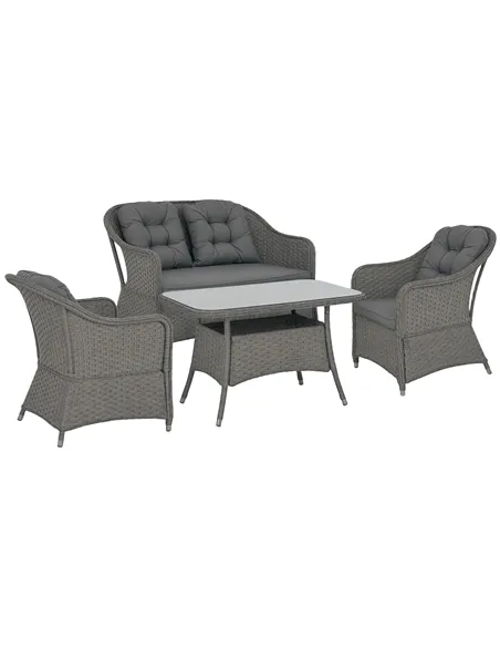 Outsunny Four-Piece Rattan Set, with Glass-Top Table - Light Grey
