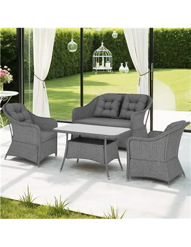Outsunny Four-Piece Rattan Set, with Glass-Top Table - Light Grey