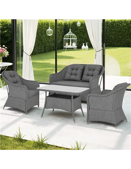 Outsunny Four-Piece Rattan Set, with Glass-Top Table - Light Grey
