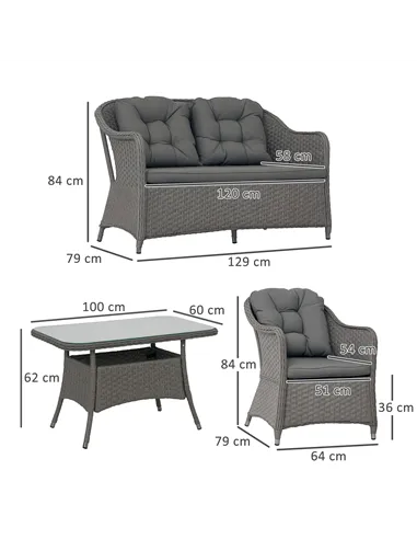 Outsunny Four-Piece Rattan Set, with Glass-Top Table - Light Grey