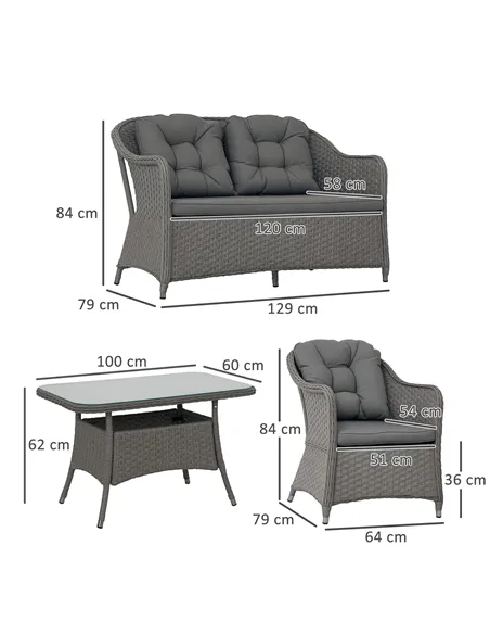 Outsunny Four-Piece Rattan Set, with Glass-Top Table - Light Grey