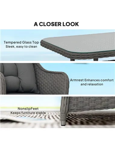 Outsunny Four-Piece Rattan Set, with Glass-Top Table - Light Grey