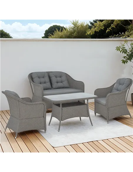 Outsunny Four-Piece Rattan Set, with Glass-Top Table - Light Grey