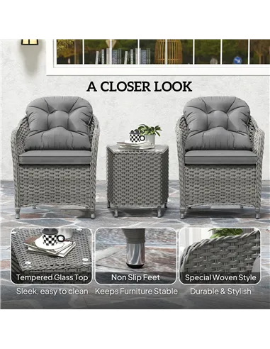 Outsunny Three-Piece Super Padded Rattan Set - Light Grey