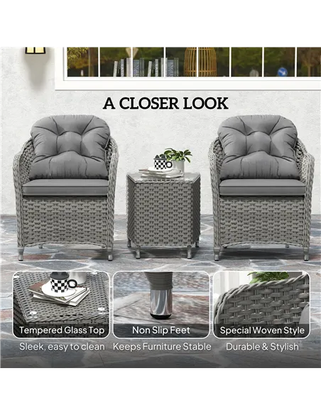 Outsunny Three-Piece Super Padded Rattan Set - Light Grey
