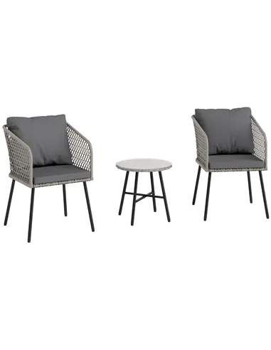 Outsunny Three-Piece Cut-Out Rattan Chair and Table Set - Grey