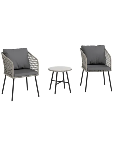 Outsunny Three-Piece Cut-Out Rattan Chair and Table Set - Grey