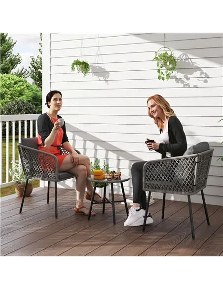 Outsunny Three-Piece Cut-Out Rattan Chair and Table Set - Grey