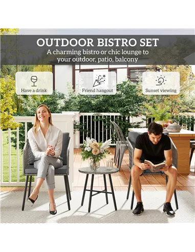 Outsunny Three-Piece Cut-Out Rattan Chair and Table Set - Grey