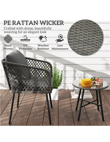 Outsunny Three-Piece Cut-Out Rattan Chair and Table Set - Grey