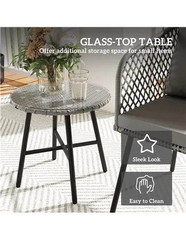 Outsunny Three-Piece Cut-Out Rattan Chair and Table Set - Grey