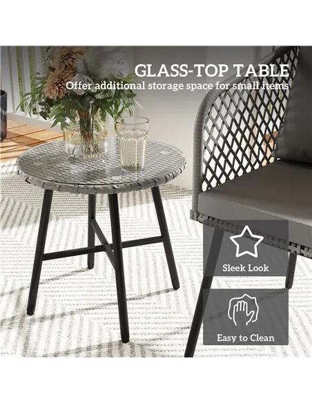 Outsunny Three-Piece Cut-Out Rattan Chair and Table Set - Grey