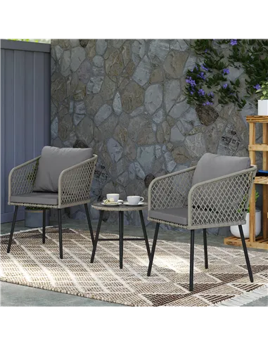 Outsunny Three-Piece Cut-Out Rattan Chair and Table Set - Grey