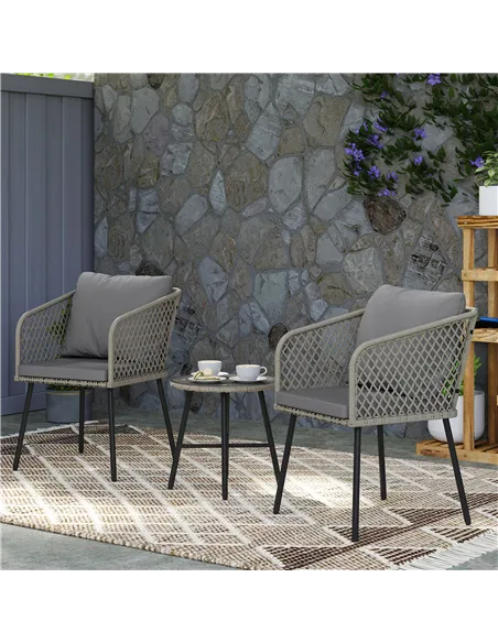Outsunny Three-Piece Cut-Out Rattan Chair and Table Set - Grey