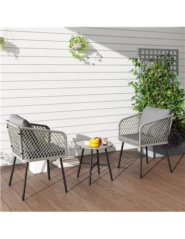 Outsunny Three-Piece Cut-Out Rattan Chair and Table Set - Grey