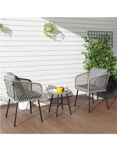 Outsunny Three-Piece Cut-Out Rattan Chair and Table Set - Grey
