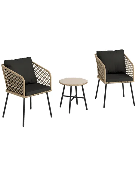 Outsunny Three-Piece Cut-Out Rattan Chair and Table Set - Brown/Black