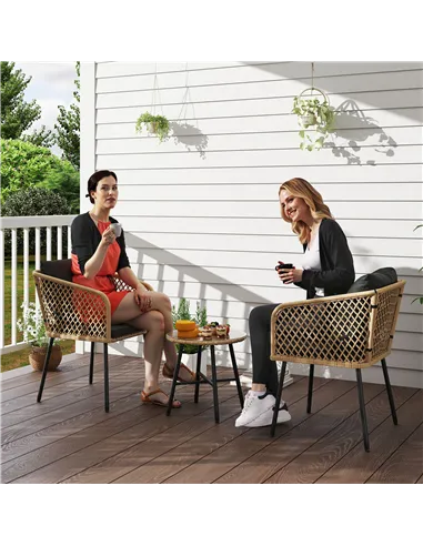 Outsunny Three-Piece Cut-Out Rattan Chair and Table Set - Brown/Black