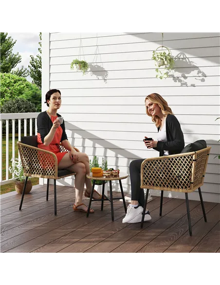 Outsunny Three-Piece Cut-Out Rattan Chair and Table Set - Brown/Black