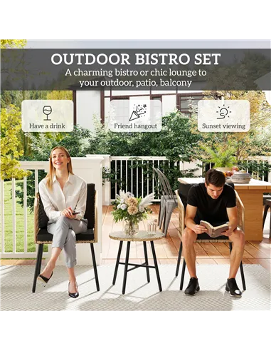 Outsunny Three-Piece Cut-Out Rattan Chair and Table Set - Brown/Black
