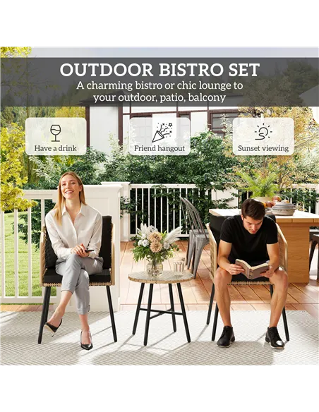 Outsunny Three-Piece Cut-Out Rattan Chair and Table Set - Brown/Black
