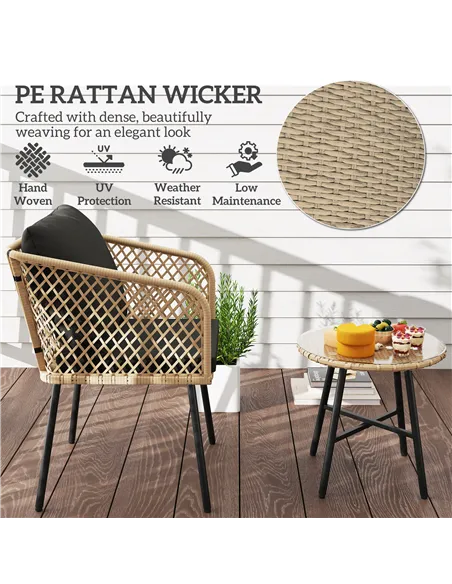 Outsunny Three-Piece Cut-Out Rattan Chair and Table Set - Brown/Black