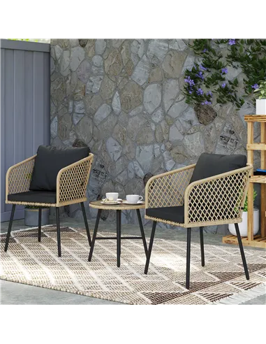 Outsunny Three-Piece Cut-Out Rattan Chair and Table Set - Brown/Black