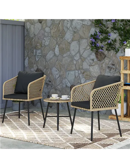Outsunny Three-Piece Cut-Out Rattan Chair and Table Set - Brown/Black