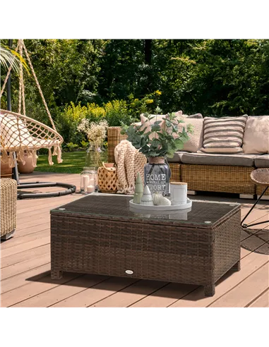 Outsunny PE Rattan Garden Coffee Table with Glass Table Top - Brown