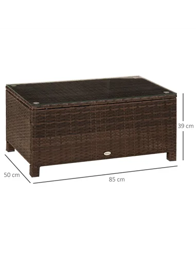 Outsunny PE Rattan Garden Coffee Table with Glass Table Top - Brown