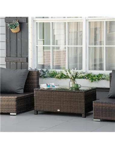 Outsunny PE Rattan Garden Coffee Table with Glass Table Top - Brown