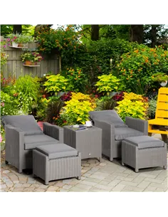 Outsunny 5 Pieces Outdoor PE Rattan Garden Furniture with Cushions, Patio Lounge Adjustable Backrest Chairs, Footstools and Cool 2