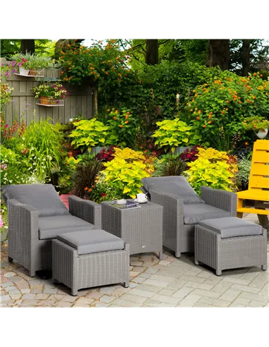 Outsunny 5 Pieces Outdoor PE Rattan Garden Furniture with Cushions, Patio Lounge Adjustable Backrest Chairs, Footstools and Cool