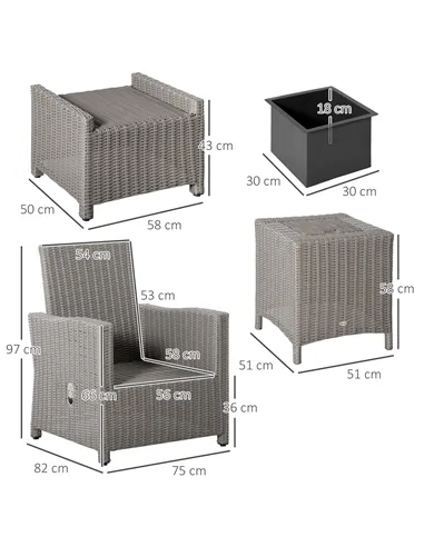 Outsunny 5 Pieces Outdoor PE Rattan Garden Furniture with Cushions, Patio Lounge Adjustable Backrest Chairs, Footstools and Cool