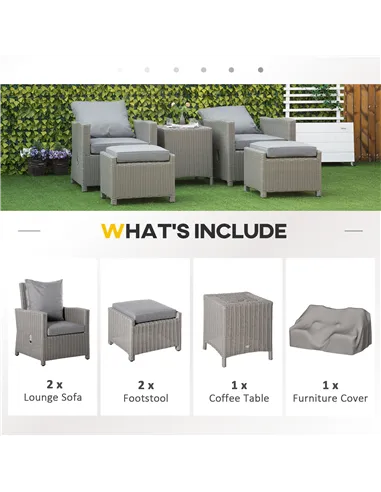 Outsunny 5 Pieces Outdoor PE Rattan Garden Furniture with Cushions, Patio Lounge Adjustable Backrest Chairs, Footstools and Cool