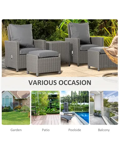 Outsunny 5 Pieces Outdoor PE Rattan Garden Furniture with Cushions, Patio Lounge Adjustable Backrest Chairs, Footstools and Cool