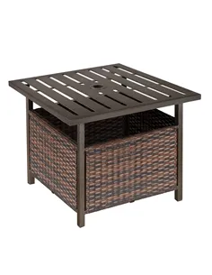 Outsunny Rattan Garden Coffee Table, 55.5 cm Square Wicker Patio Side Coffee Table with 4 cm Umbrella Hole, Metal Bottom and Sla