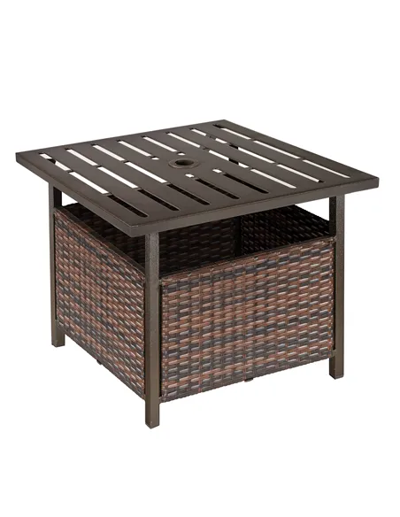 Outsunny Rattan Garden Coffee Table, 55.5 cm Square Wicker Patio Side Coffee Table with 4 cm Umbrella Hole, Metal Bottom and Sla