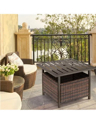 Outsunny Rattan Garden Coffee Table, 55.5 cm Square Wicker Patio Side Coffee Table with 4 cm Umbrella Hole, Metal Bottom and Sla