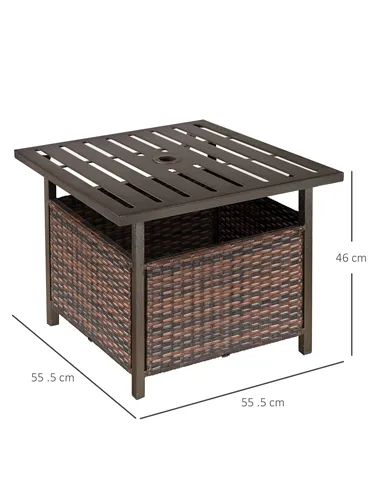 Outsunny Rattan Garden Coffee Table, 55.5 cm Square Wicker Patio Side Coffee Table with 4 cm Umbrella Hole, Metal Bottom and Sla