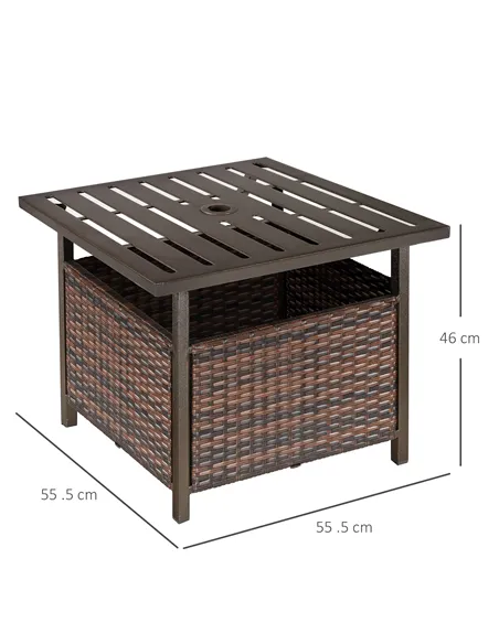 Outsunny Rattan Garden Coffee Table, 55.5 cm Square Wicker Patio Side Coffee Table with 4 cm Umbrella Hole, Metal Bottom and Sla