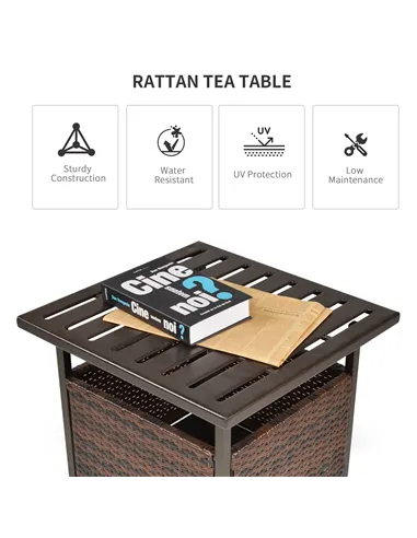 Outsunny Rattan Garden Coffee Table, 55.5 cm Square Wicker Patio Side Coffee Table with 4 cm Umbrella Hole, Metal Bottom and Sla