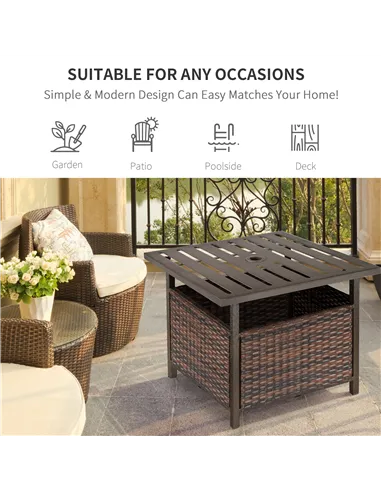 Outsunny Rattan Garden Coffee Table, 55.5 cm Square Wicker Patio Side Coffee Table with 4 cm Umbrella Hole, Metal Bottom and Sla